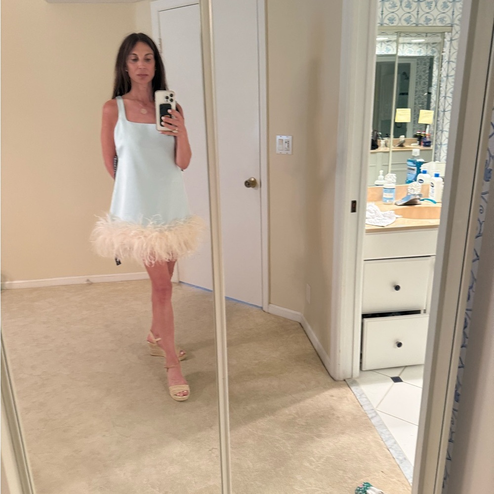 Feather Hem Mini Dress in Pale Blue
